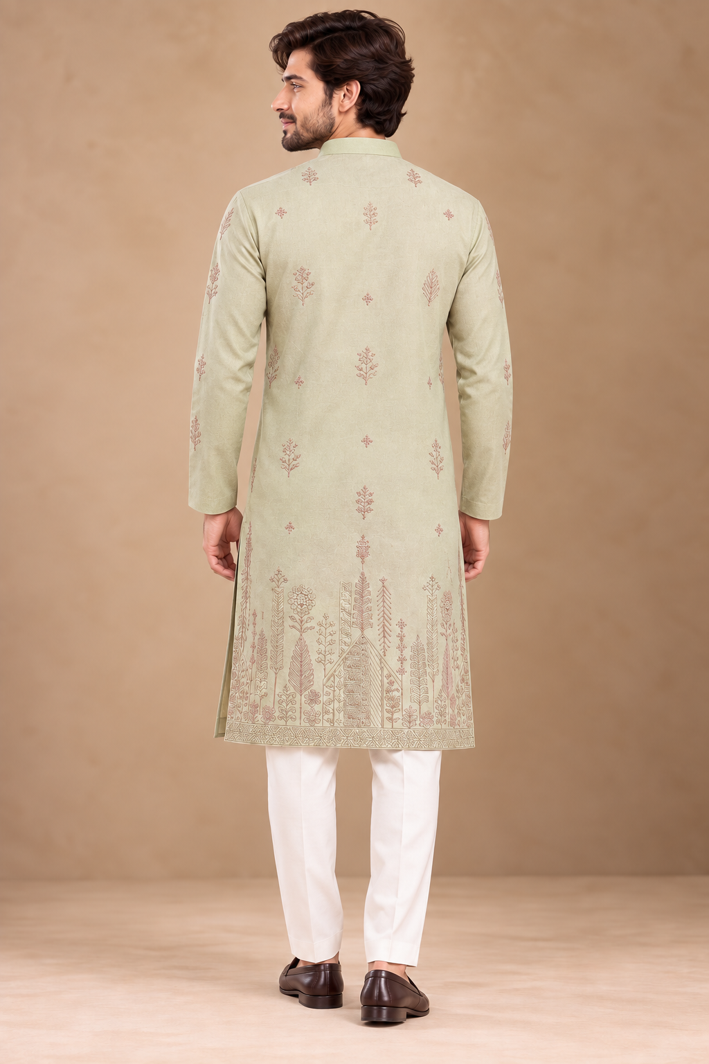 Pale Mint Kurta with Traditional Hem Motif