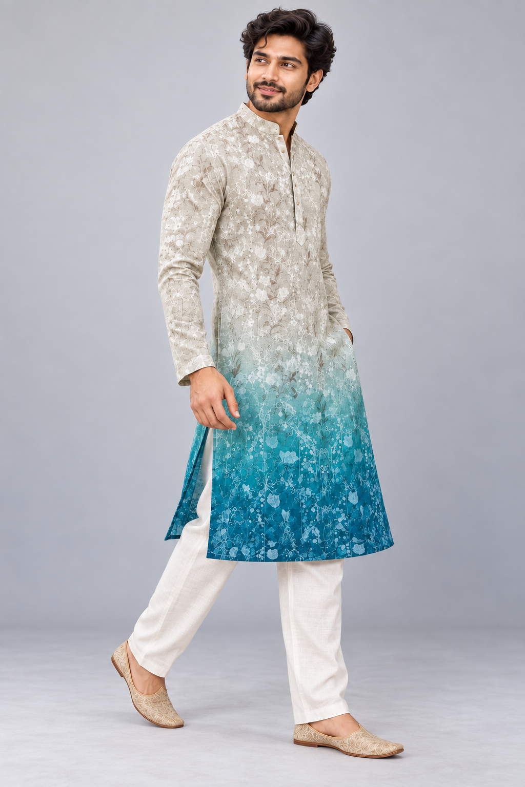 Ash Grey & Ocean Blue Dip-Dyed Effect Kurta