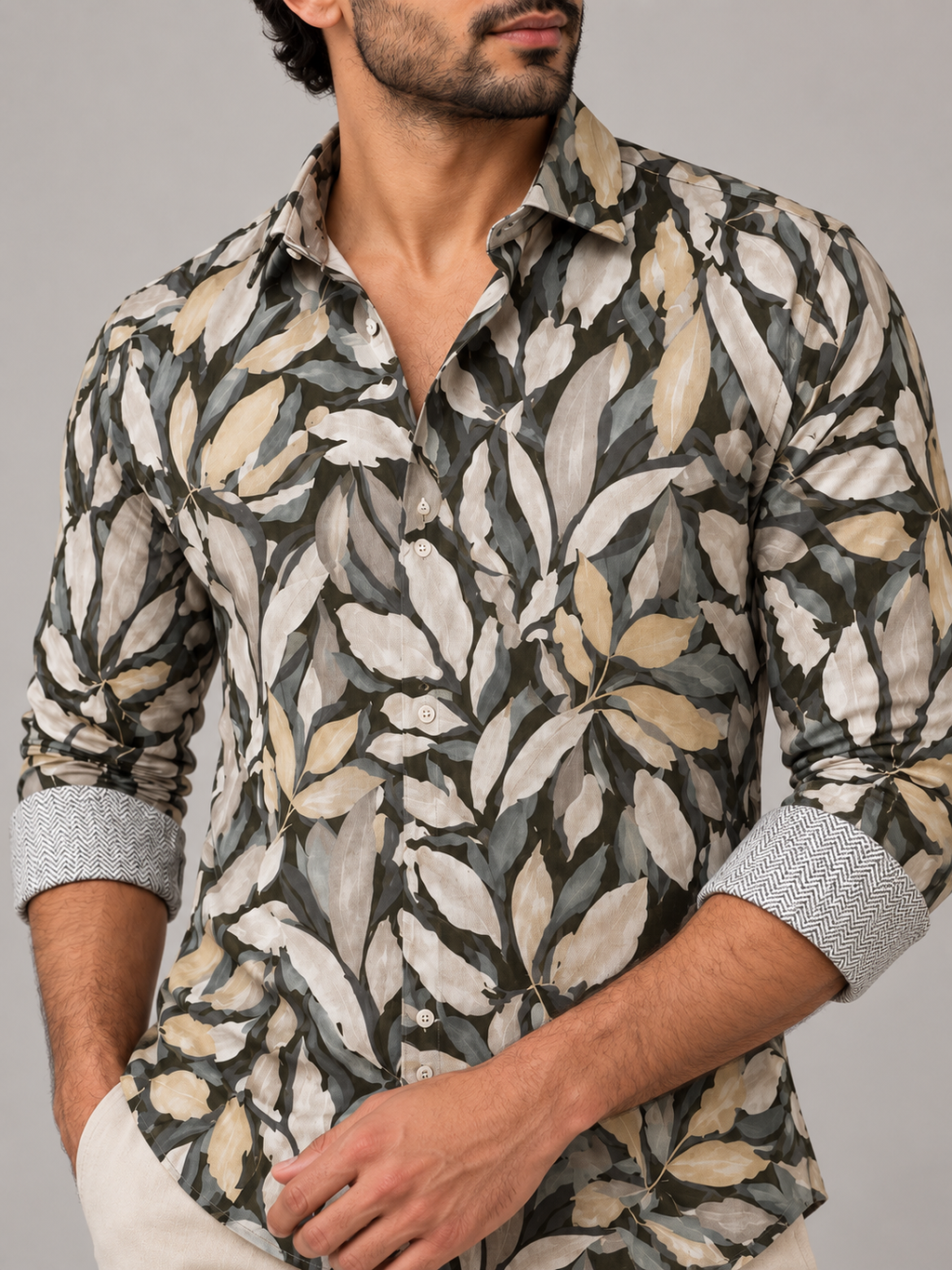 Olive & Ecru Foliage Painted Print Shirt