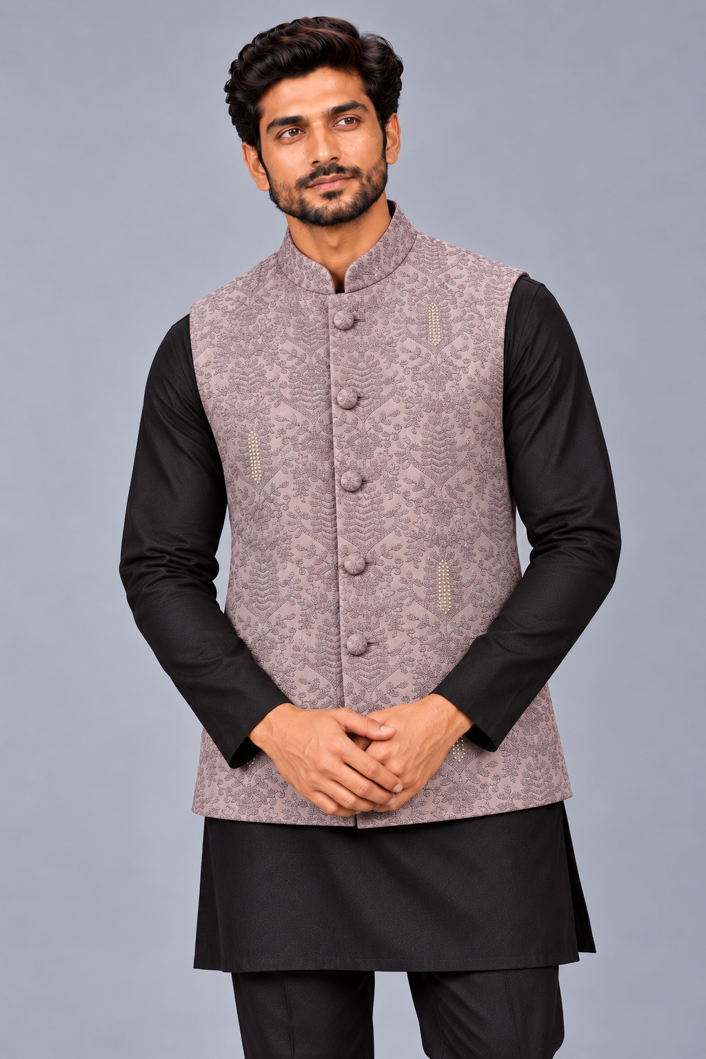 Vintage Rose Botanical Embroidered Nehru Vest