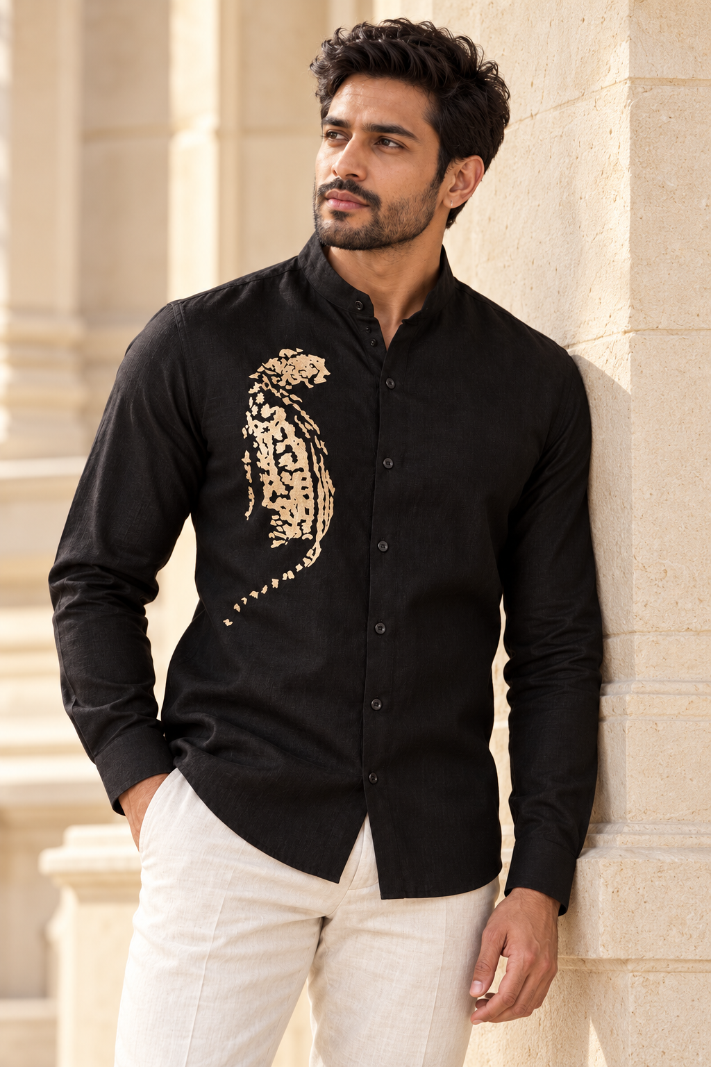 Gold Panther Embroidered Black Shirt