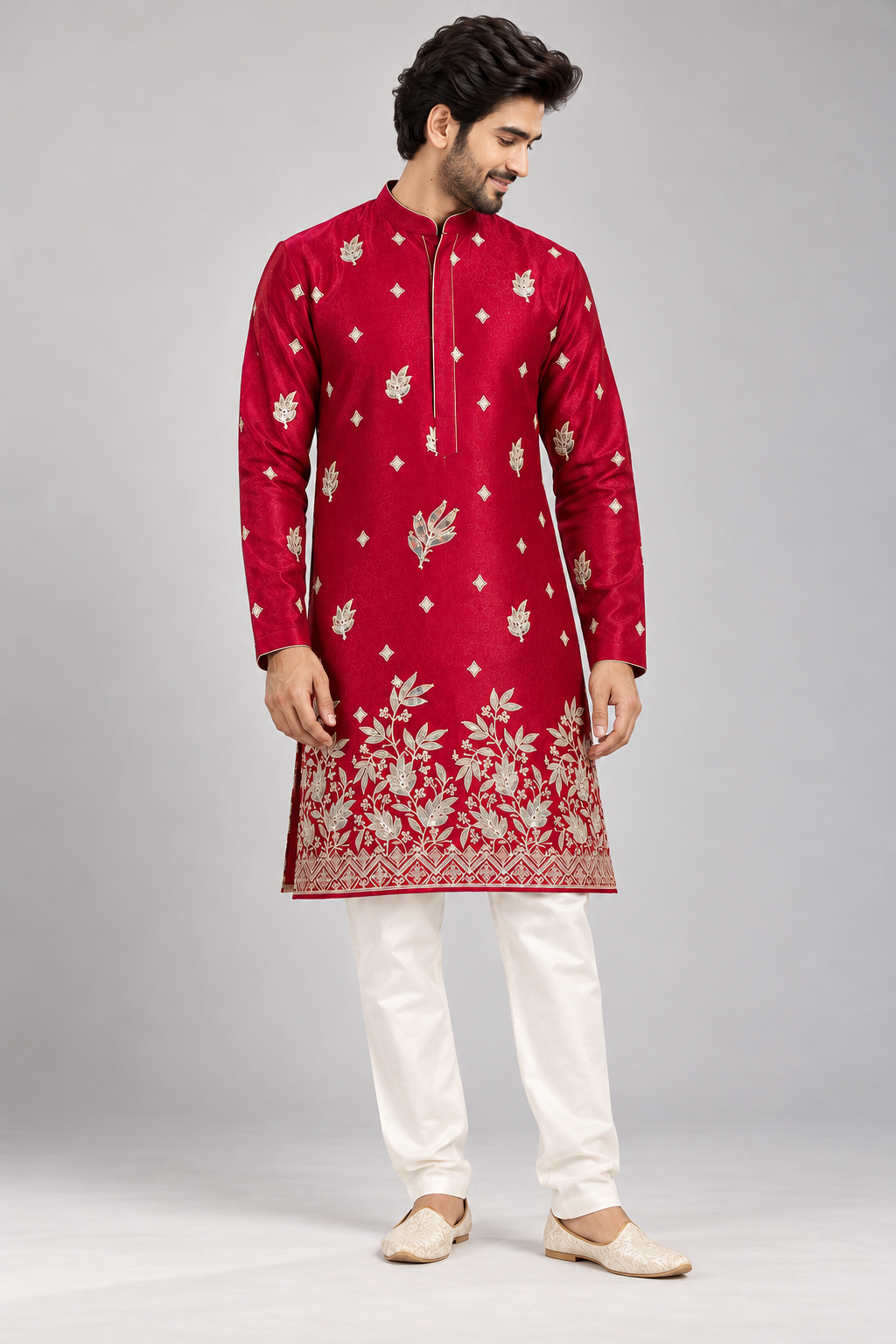 Rich Ruby Silk Illuminated with Silver Florals
