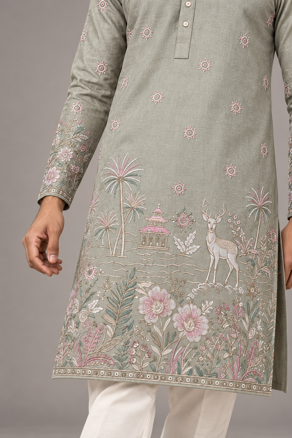 Nature’s Canvas: Hand-Detailed Sage Kurta