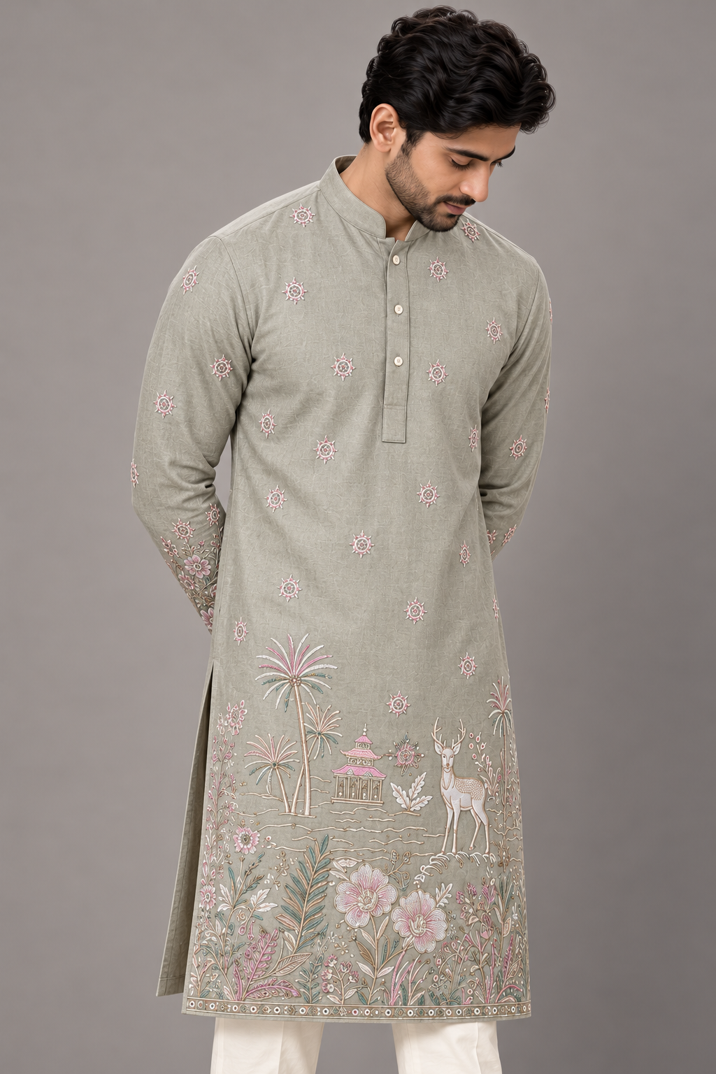 Nature’s Canvas: Hand-Detailed Sage Kurta
