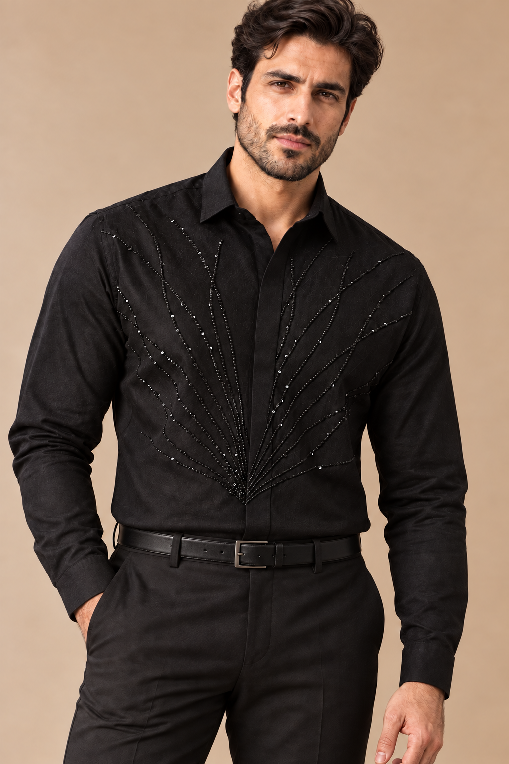 Jet Black Embellished Party Shirt