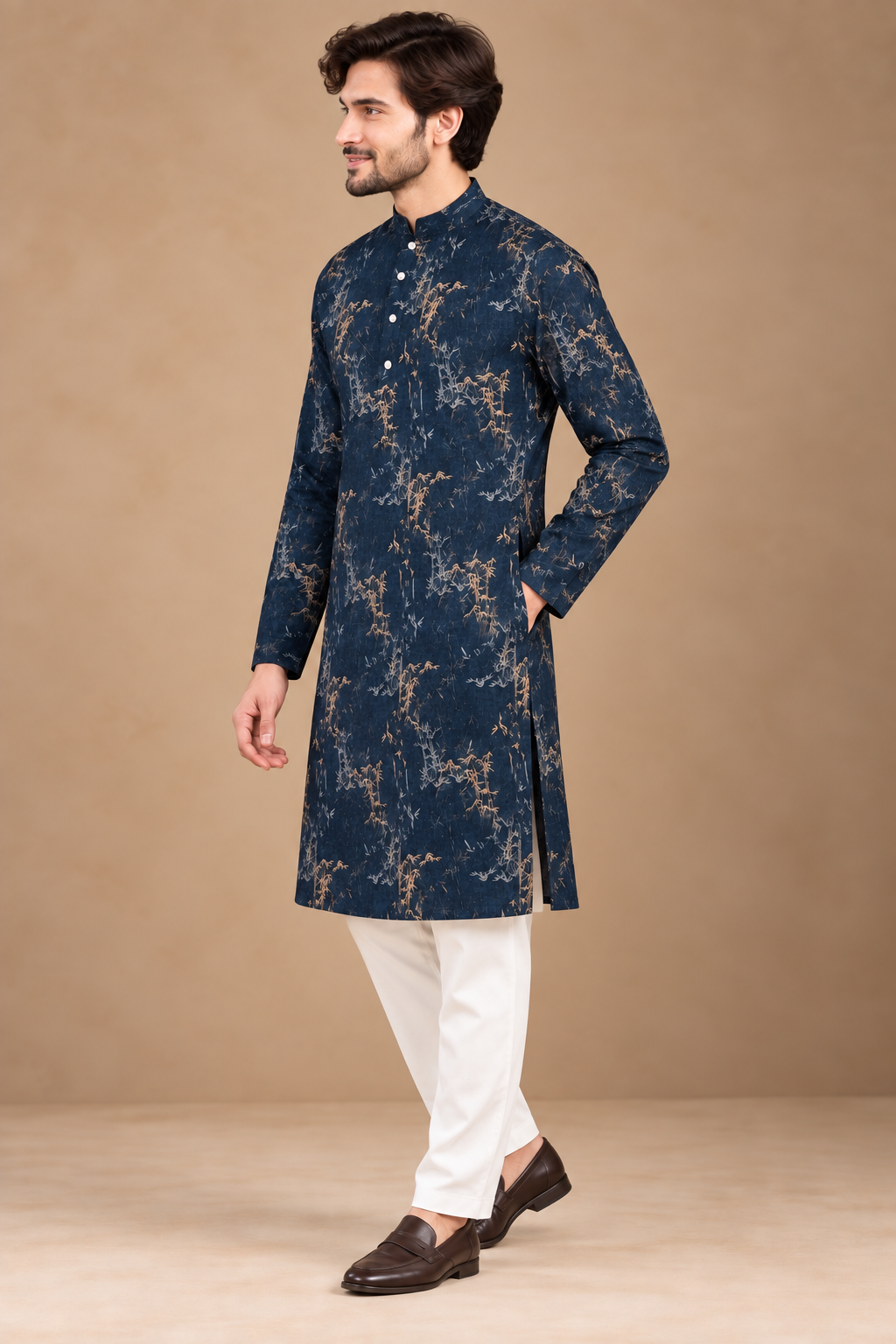 Deep Navy Bamboo Printed Kurta