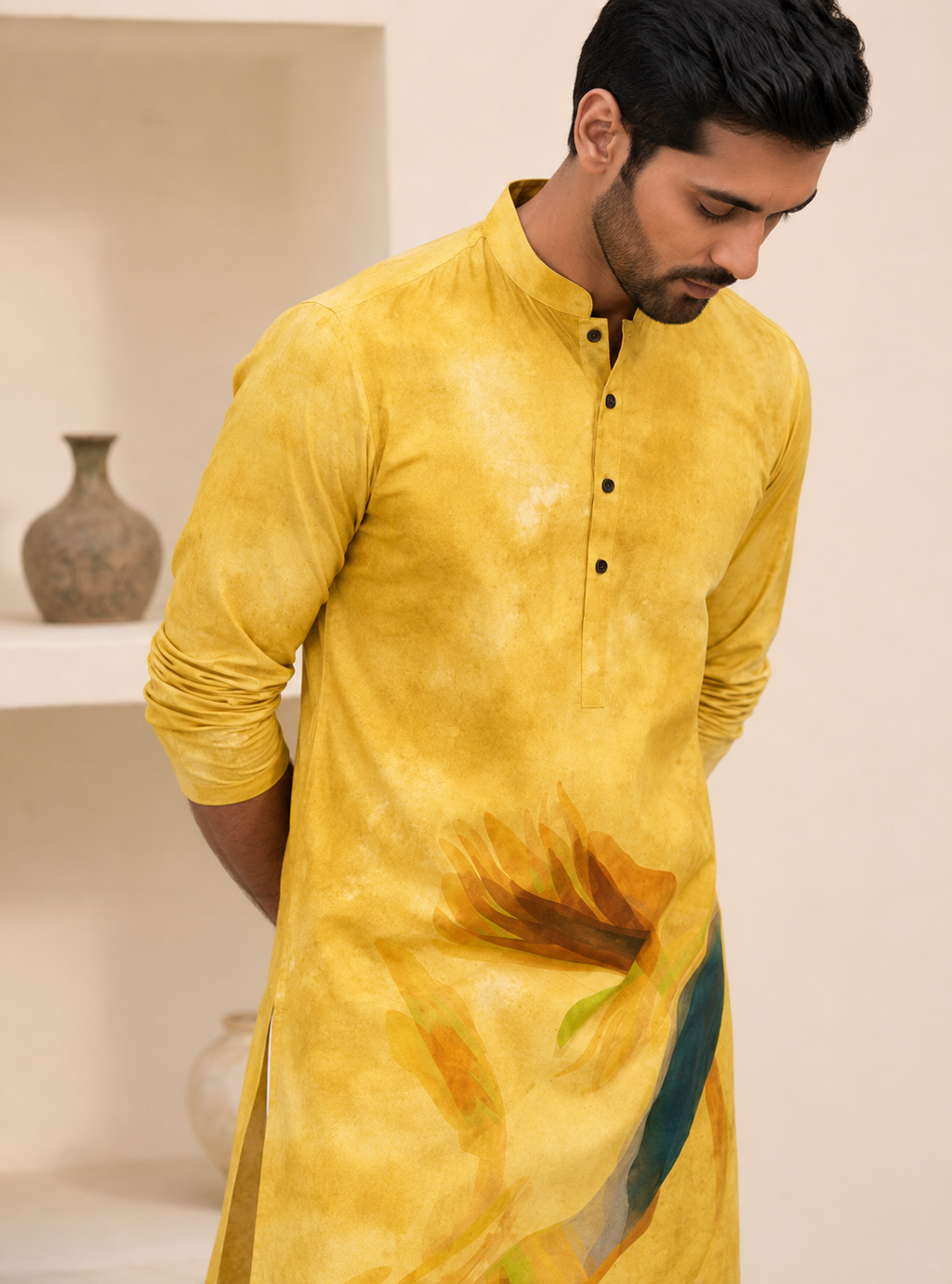 Ochre Watercolor Print Linen Kurta