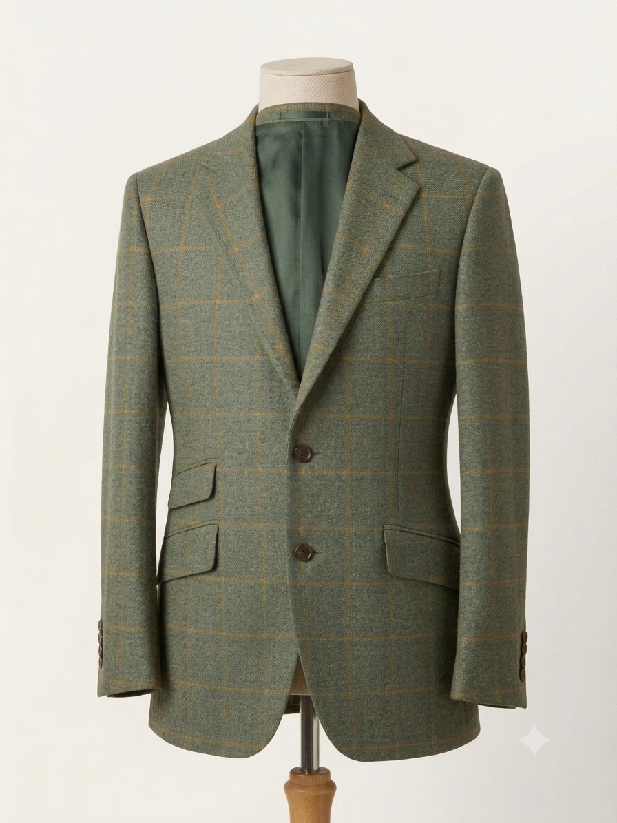 Classic Olive Plaid Tweed Blazer