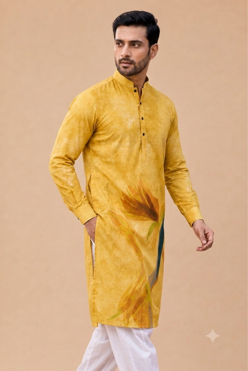 Ochre Watercolor Print Linen Kurta