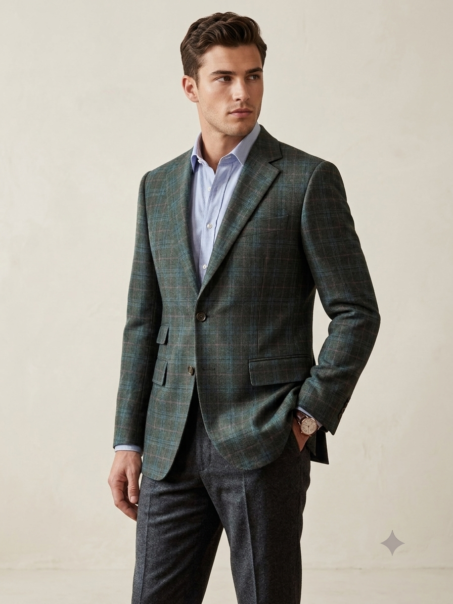 Forest Check Pure Wool Tweed Blazer