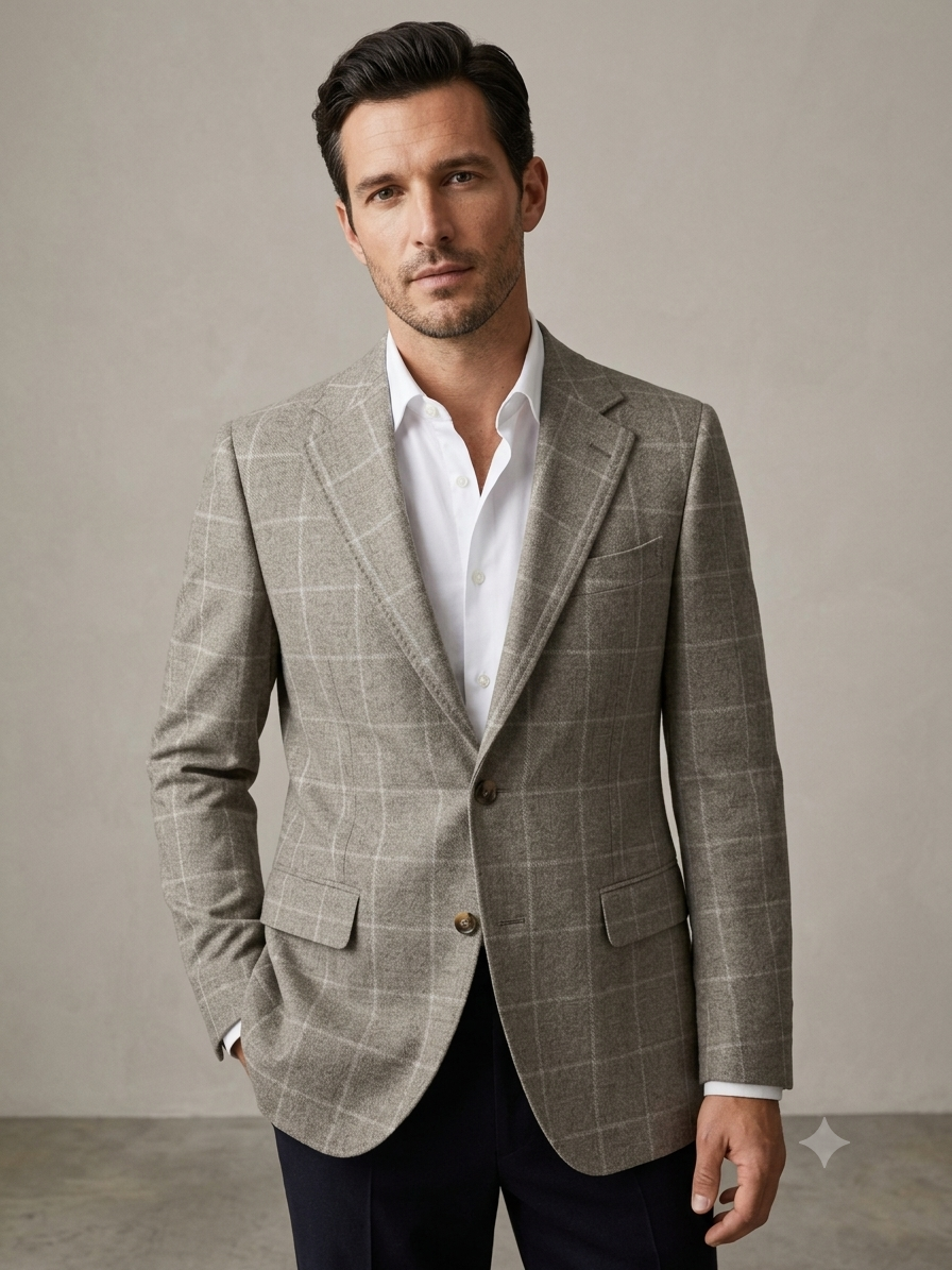 Bespoke Taupe Windowpane Tweed Blazer