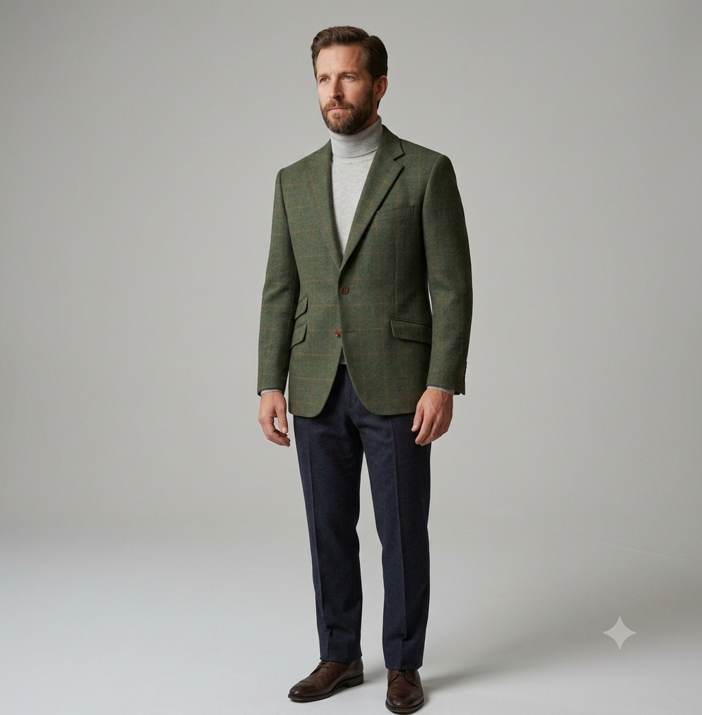 Classic Olive Plaid Tweed Blazer