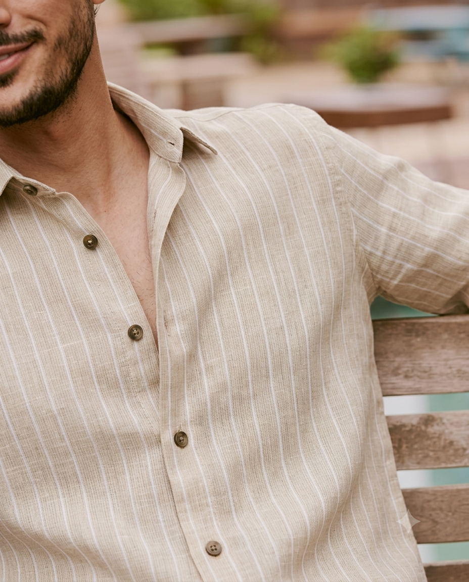 Classic Khaki Fine-Stripe Linen Shirt