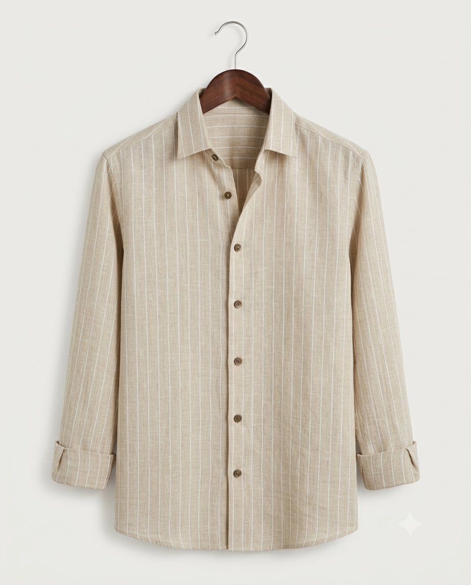Classic Khaki Fine-Stripe Linen Shirt
