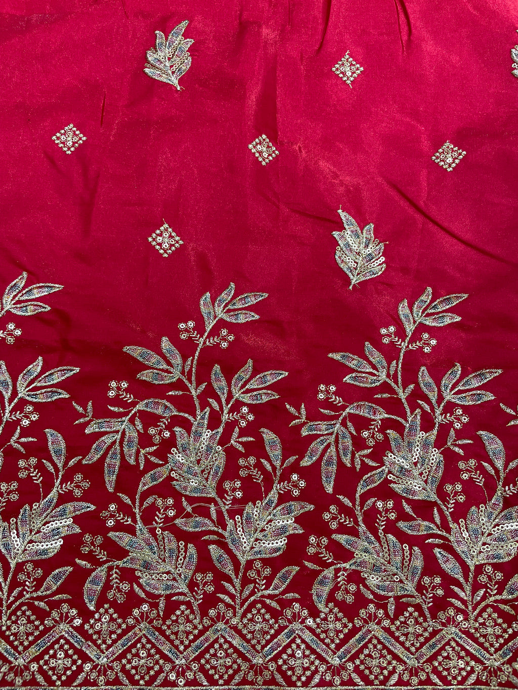 Rich Ruby Silk Illuminated with Silver Florals