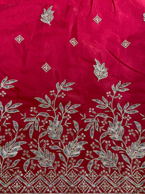 Rich Ruby Silk Illuminated with Silver Florals