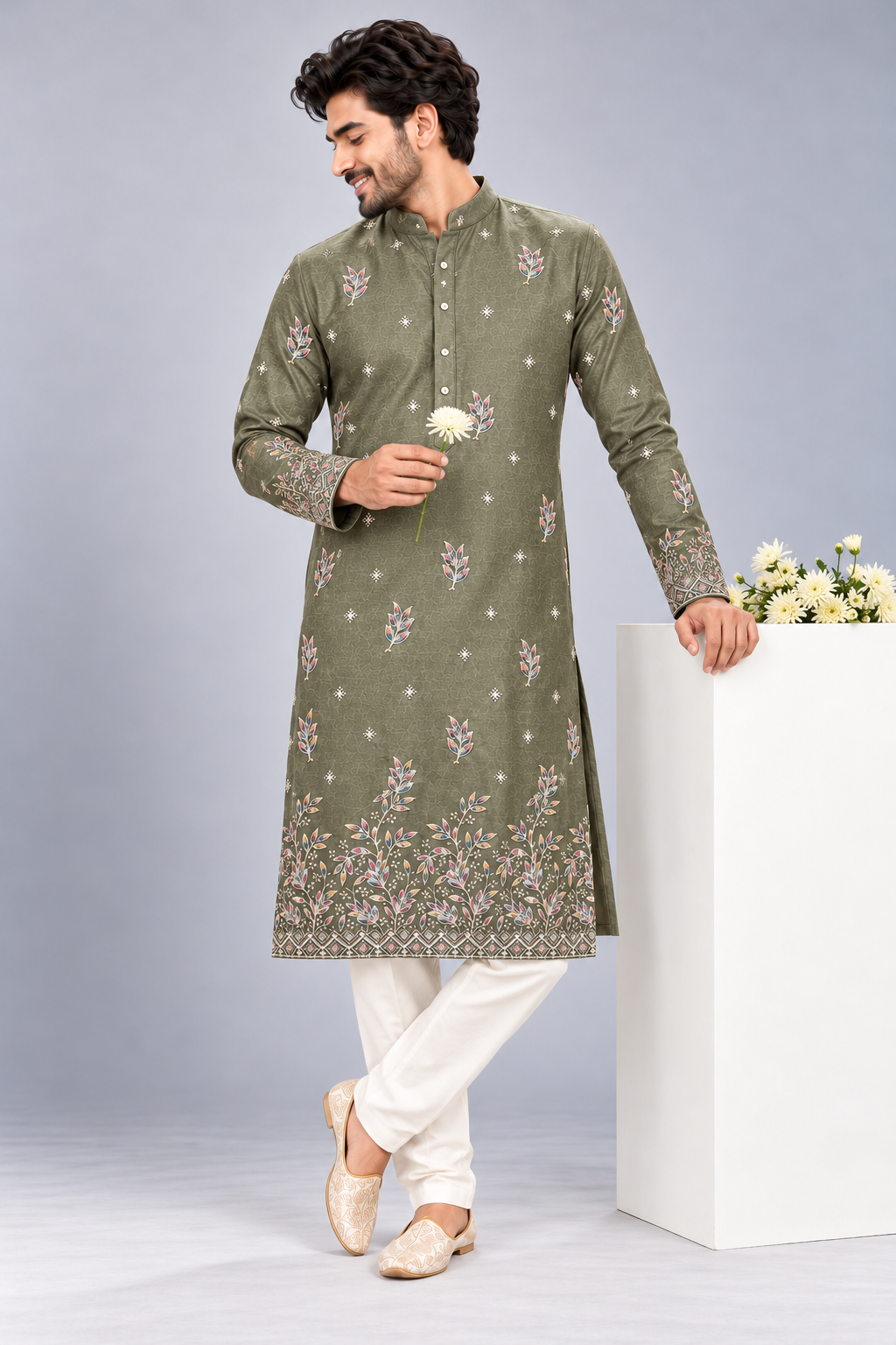 Botanical Olive Embroidered Kurta
