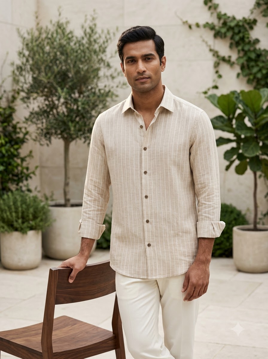 Classic Khaki Fine-Stripe Linen Shirt