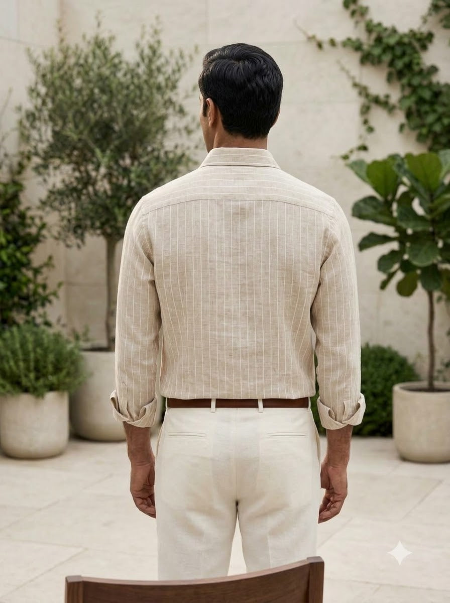 Classic Khaki Fine-Stripe Linen Shirt