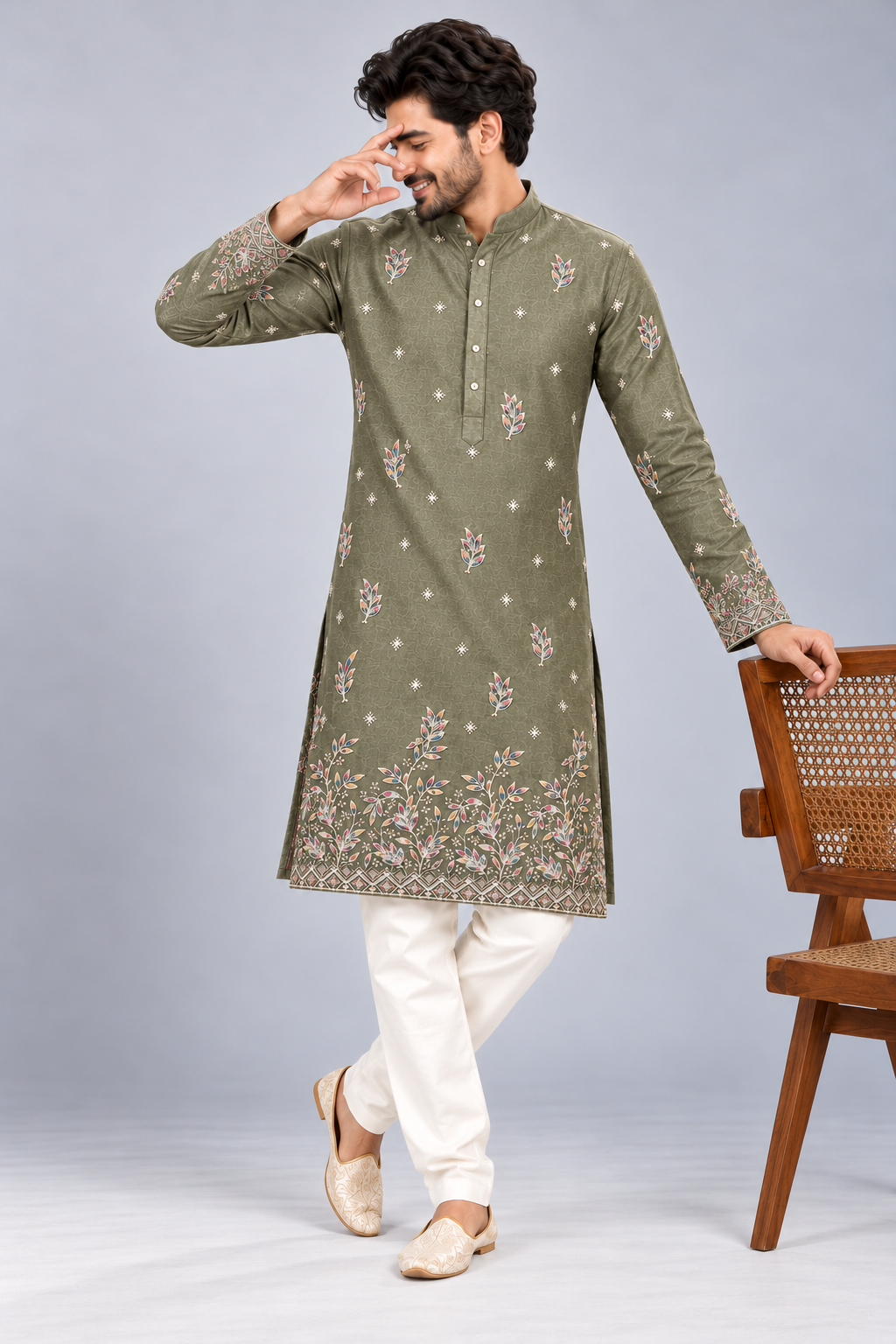 Botanical Olive Embroidered Kurta