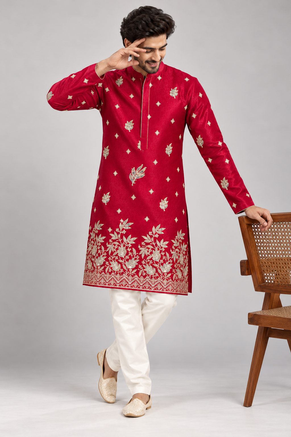Rich Ruby Silk Illuminated with Silver Florals
