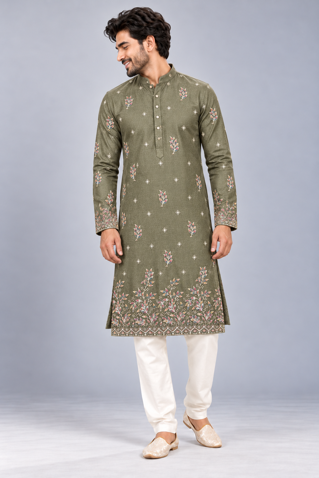 Botanical Olive Embroidered Kurta