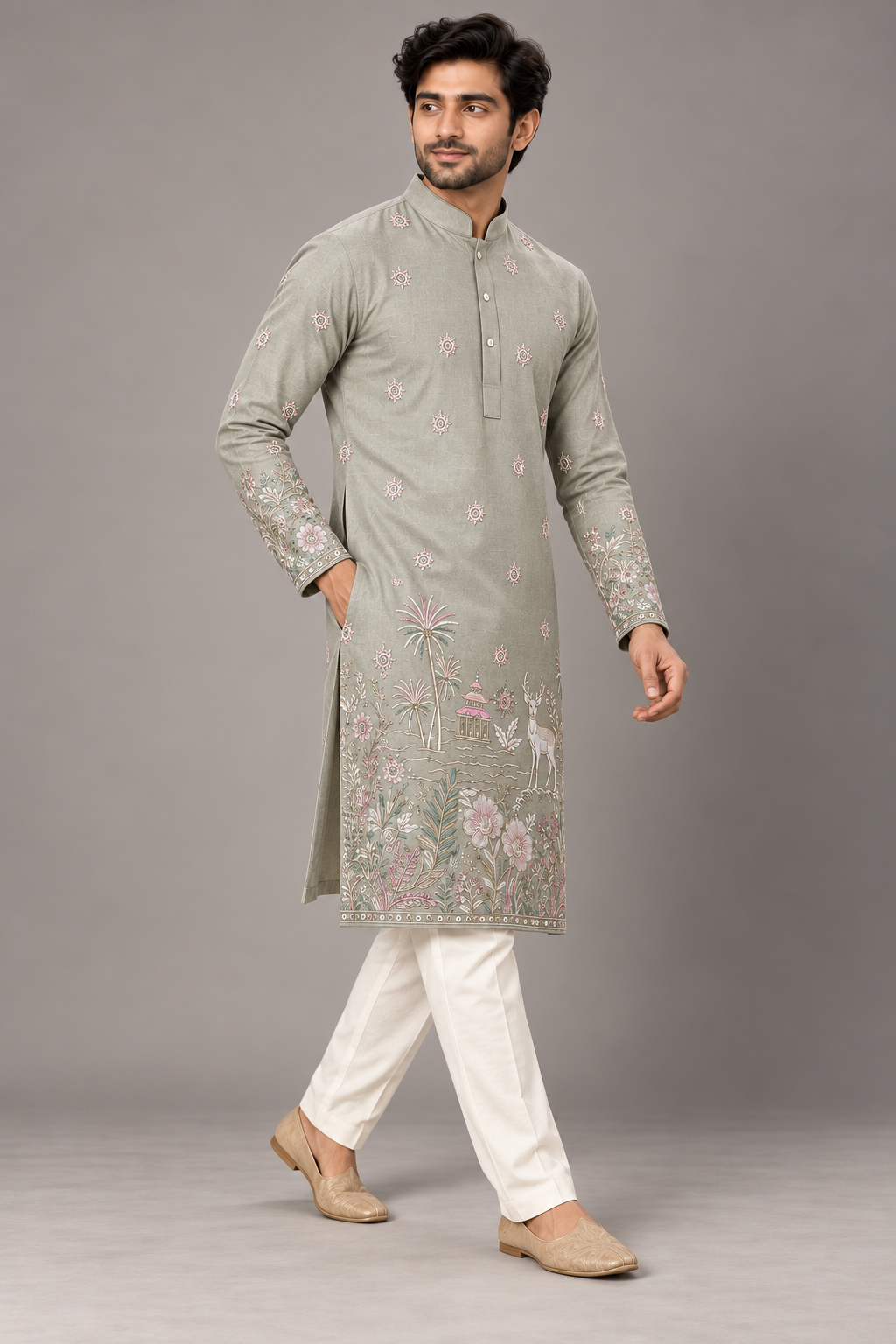 Nature’s Canvas: Hand-Detailed Sage Kurta