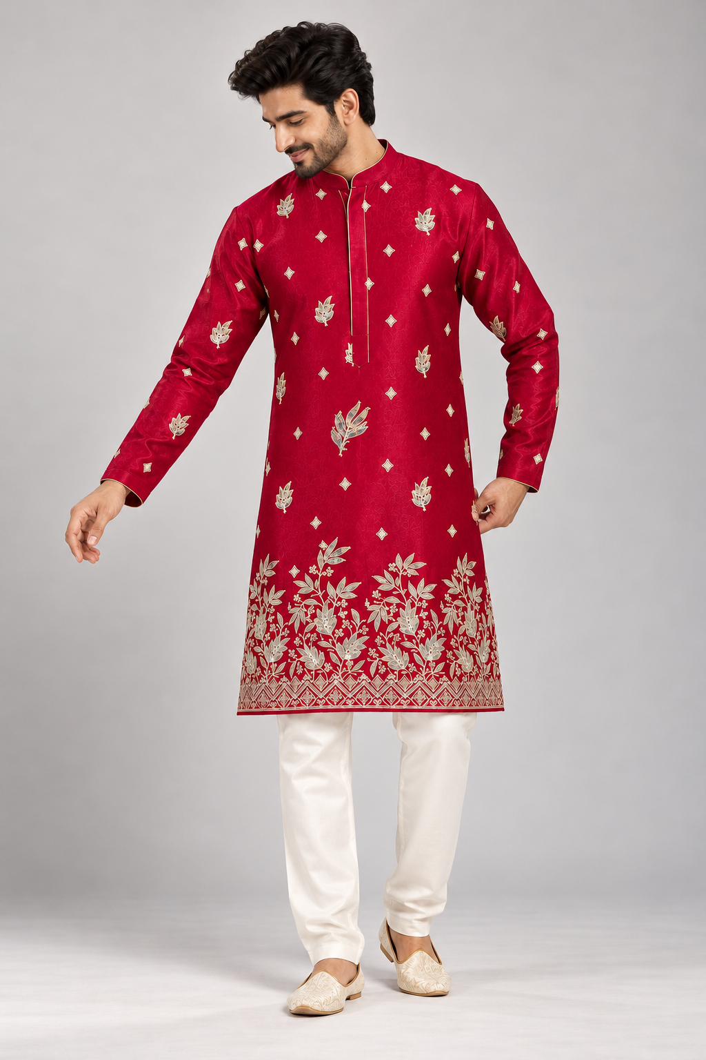 Rich Ruby Silk Illuminated with Silver Florals