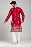 Rich Ruby Silk Illuminated with Silver Florals