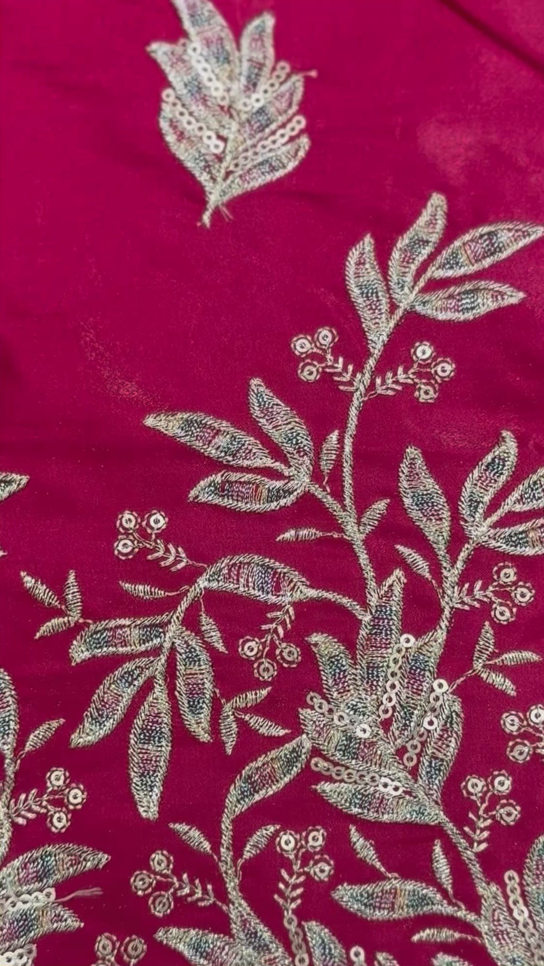 Rich Ruby Silk Illuminated with Silver Florals