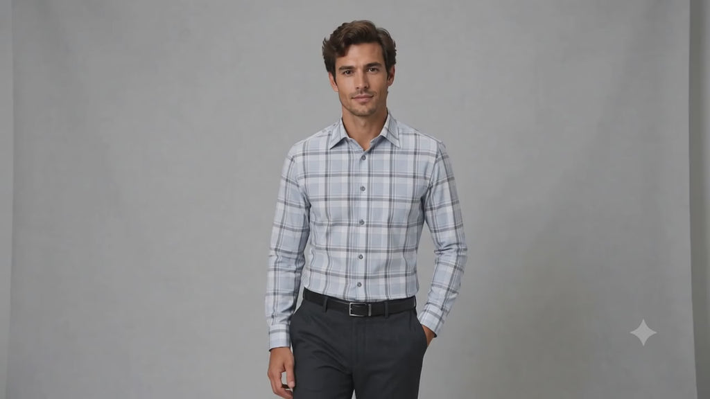 Fine Twill Plaid Dress Shirt Light Grey